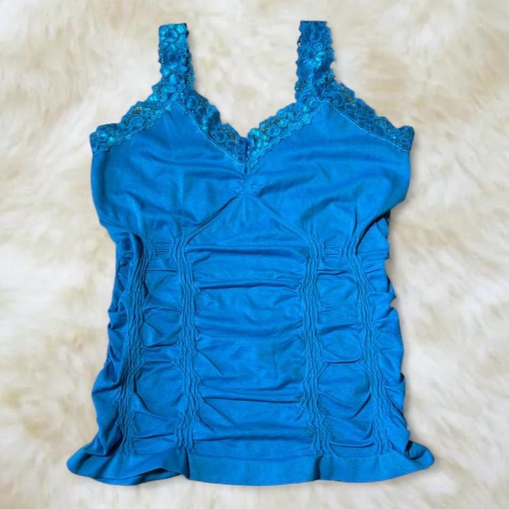 Mopas Blue Lace Trim Ruched Cami Top Y2K Fairycore Coquette One Size TWC306